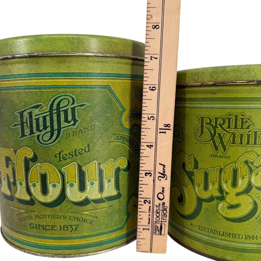 Vintage Ballonoff Flour Sugar Tin Canister Set Green Retro Farmhouse 2 Piece USA